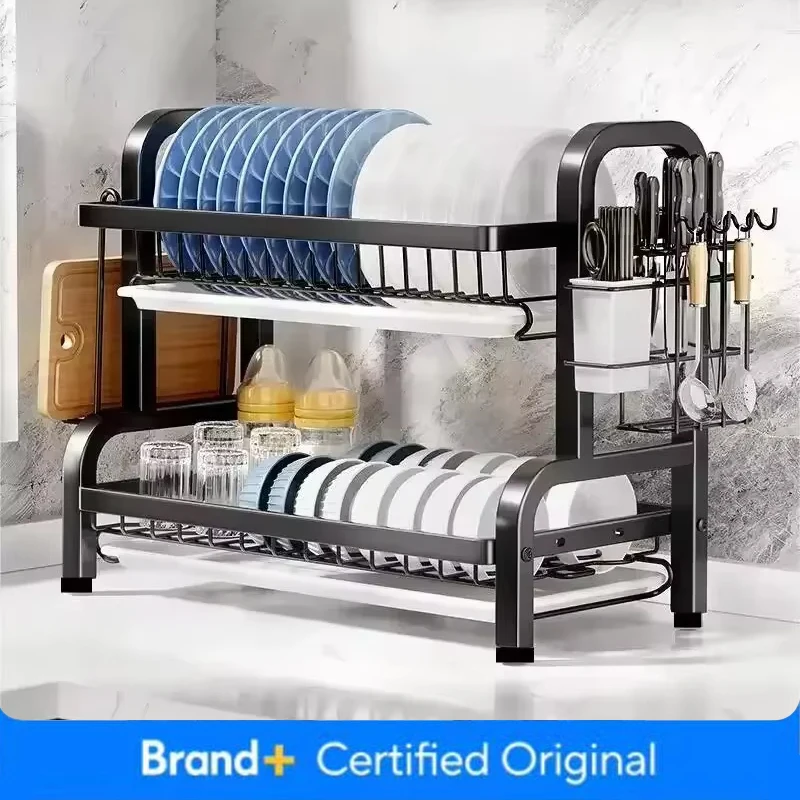 Meal Prep Organizer - ที่คว่ำจานสแตนเลส 2 ชั้น พร้อมที่เก็บอุปกรณ์ครัว กะทัดรัด ป้องกันสนิม