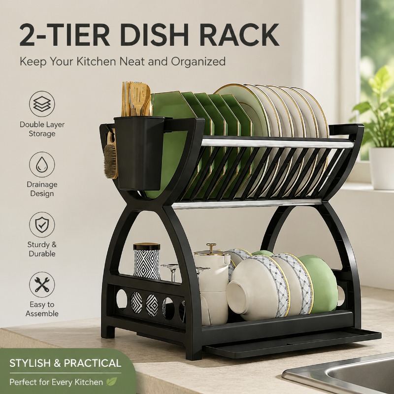 Meal Prep Organizer - ชั้นวางจาน 2 ชั้น สำหรับวางบนเคาน์เตอร์ครัว พร้อมถาดรองน้ำและที่เก็บอุปกรณ์ครัว ช่วยประหยัดพื้นที่