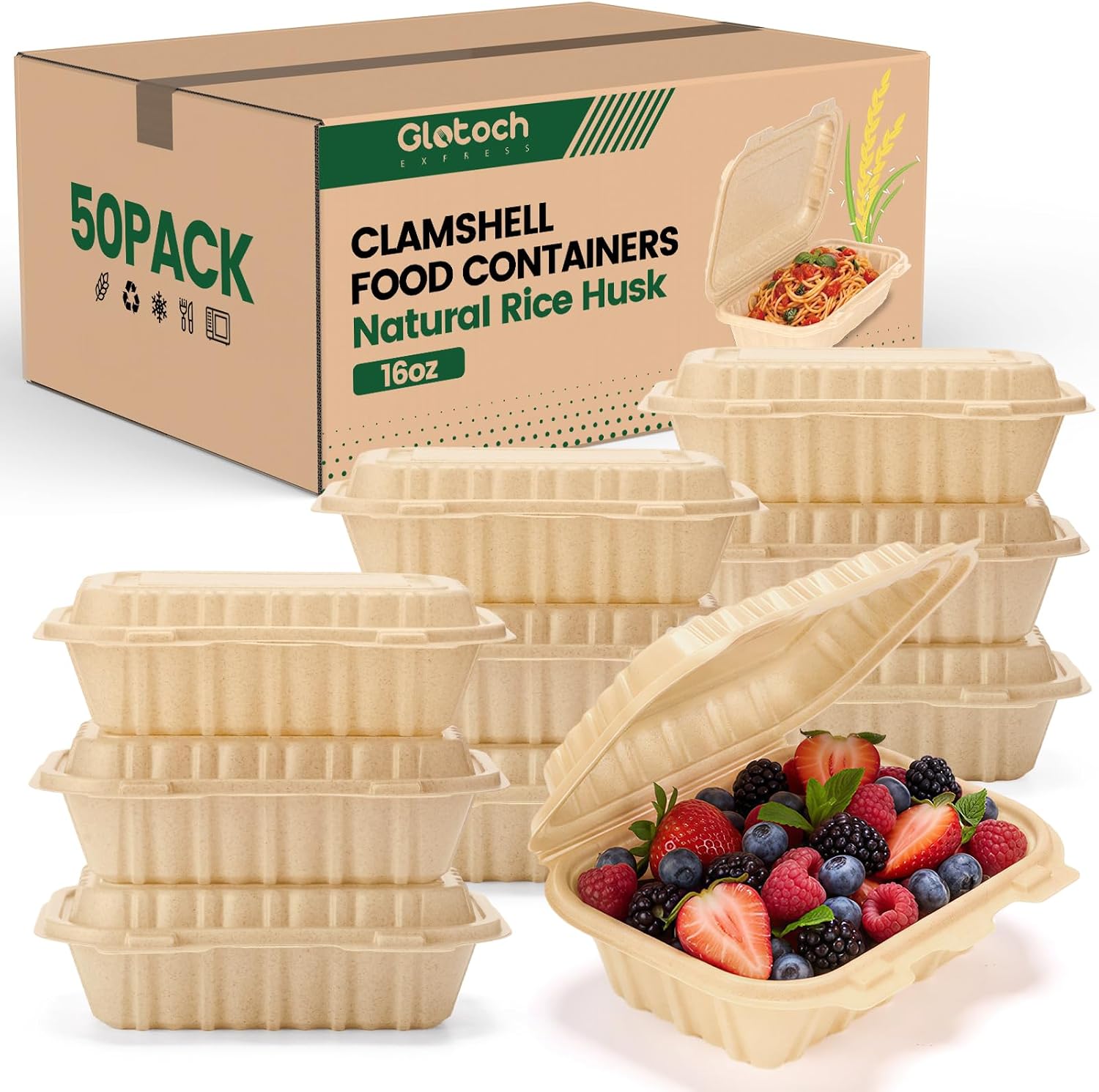 Meal Prep Containers - กล่องใส่อาหารแบบฝาพับขนาด 16 ออนซ์ จำนวน 50 ชิ้น