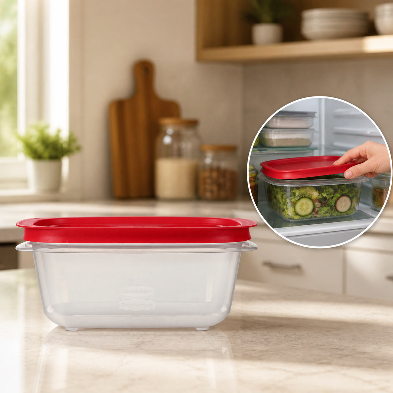 Meal Prep Containers - กล่องเก็บอาหารทรงสี่เหลี่ยมขนาด 5.26 คัพ พร้อมฝาปิดสีแดงที่ใช้งานง่าย สามารถวางซ้อนกันได้ เหมาะสำหรับการเตรียมอาหารในครัว