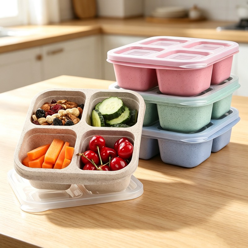 Meal Prep Containers - กล่องอาหารกลางวันพรีเมียมทำจากฟางข้าวสาลี 4 ช่อง พร้อมฝาใส ปลอดภัยสำหรับเครื่องล้างจาน เหมาะสำหรับโรงเรียน