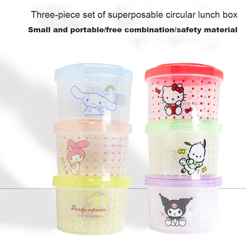 Meal Prep Kit - กล่องใส่อาหารรูปแมวน่ารักแบบซ้อนได้ ชุด 3 ชิ้น กล่องเบนโตทรงกลมพร้อมฝาปิด สำหรับใส่อาหารกลางวัน